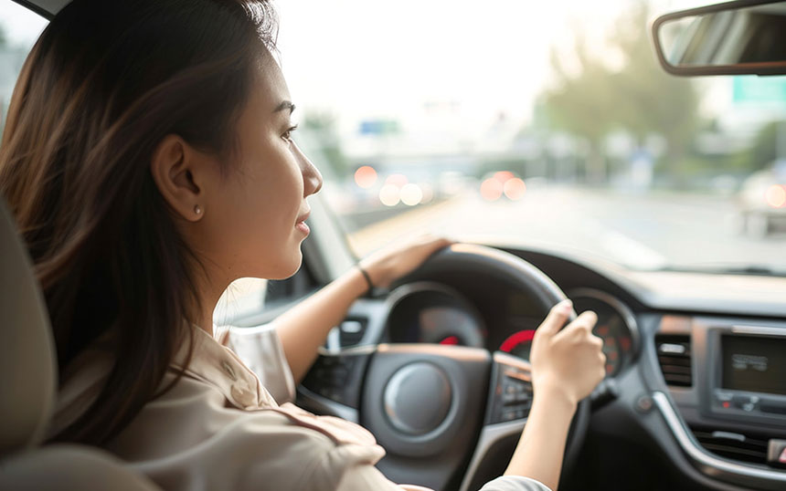 A young woman driving a car, focused on the road ahead during daylight, representing independence and mobility.