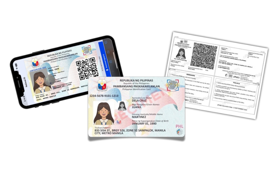 Close-up of a hand holding a Philippine National ID card with personal details and an illustrated avatar.
