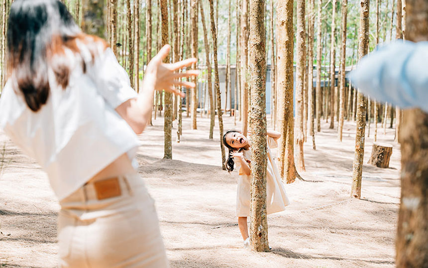 An endearing moment of a woman, possibly a mother, joyfully playing hide-and-seek with a young child amidst a serene forest of tall, slender trees, bathed in soft sunlight, evoking a sense of warmth and familial bonding.