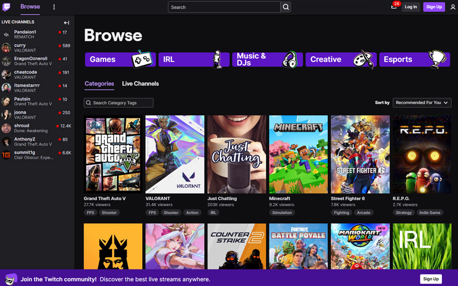 Photo of Twitch website's UI.