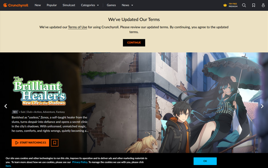 Photo of Crunchyroll website's UI.