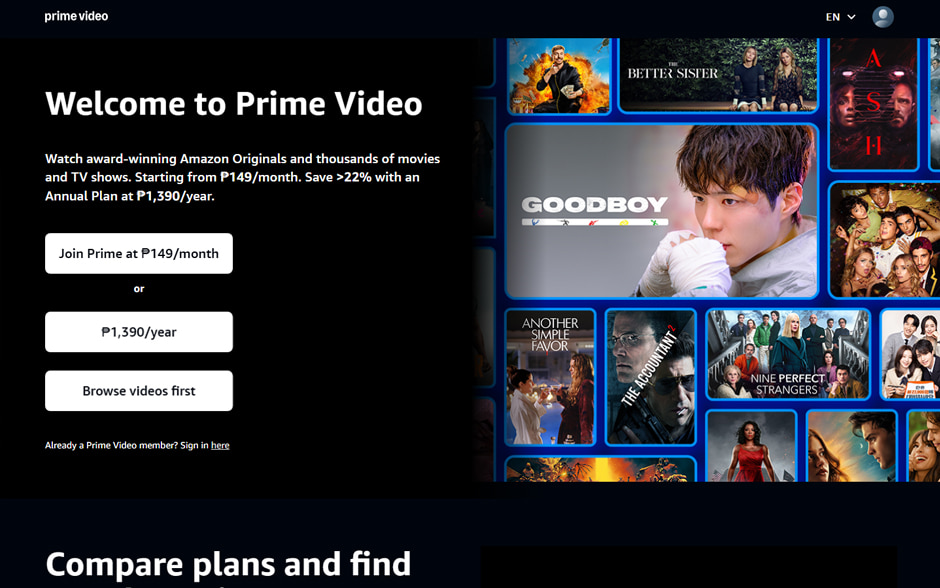 Photo of Prime Video non-premium website's UI.