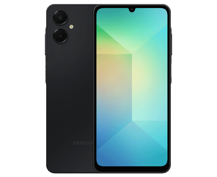 Close-up of a black Samsung Galaxy A06 5G, showcasing its sleek design.