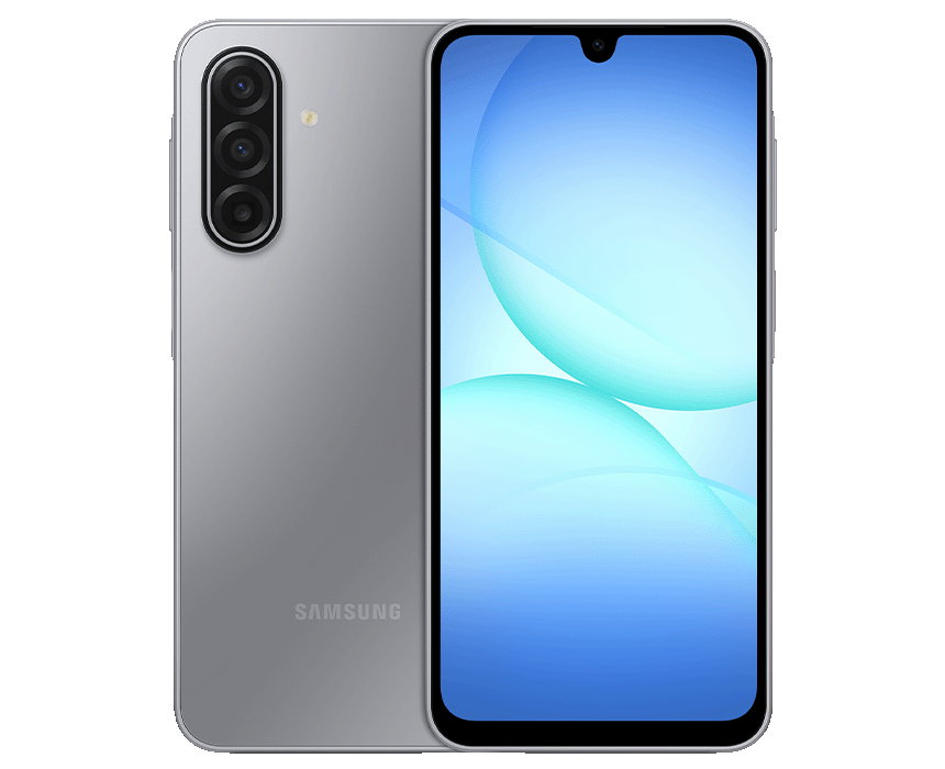 Close-up of a black Samsung Galaxy A17 5G displayed on a neutral background.