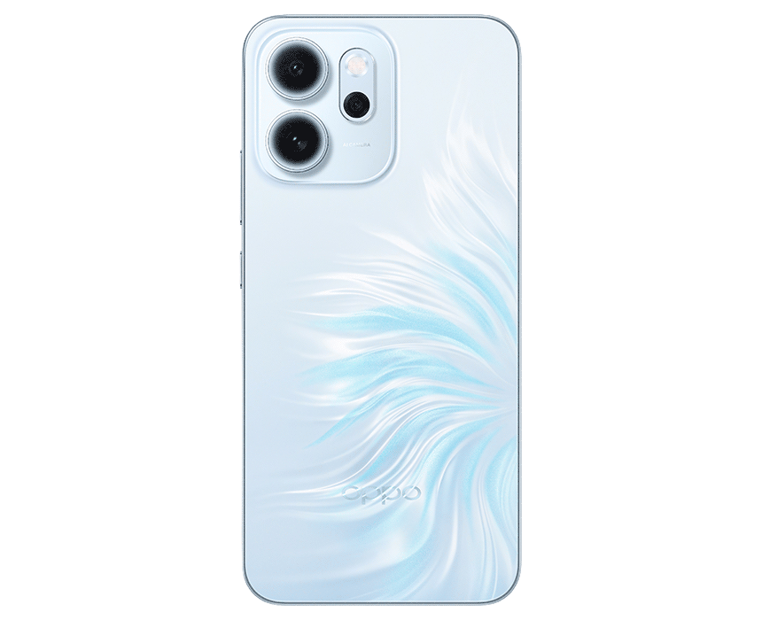 The new OPPO Reno14 F 5G, showcasing a vibrant screen and a unique mermaid back design.