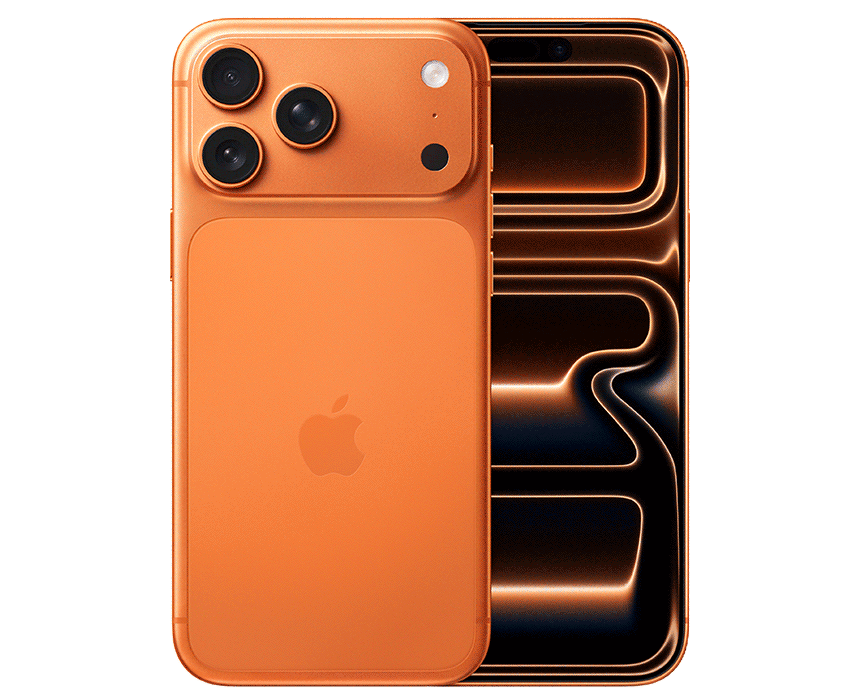 Close-up of an orange Apple iPhone 17 Pro Max showcasing its screen and new professional camera design.