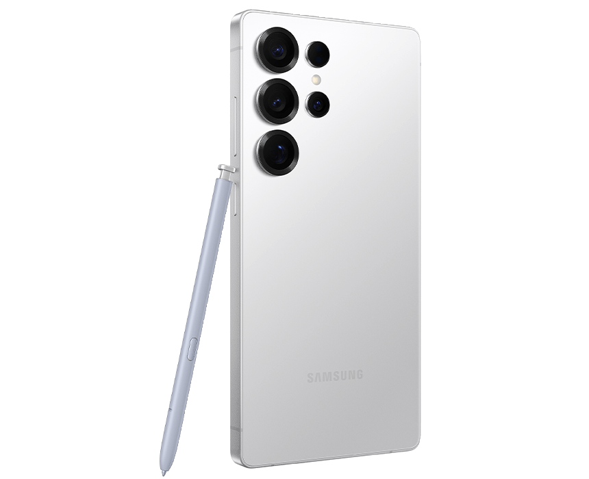 Close-up of the Samsung Galaxy S25 Ultra, with the S-Pen displayed alongside the phone.