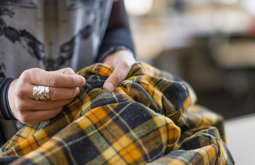 Closeup shot of a womanâs hand sewing a button onto a jacket.