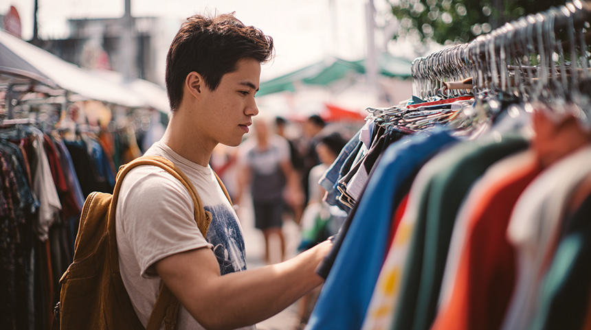 Young shopper browsing secondhand clothing at an outdoor thrift market.