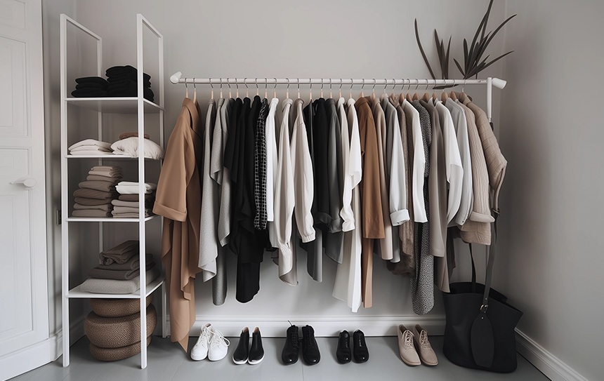 A rack and shelf full of neutral clothes.