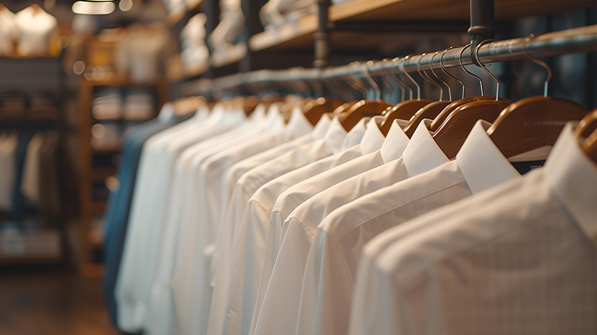 White menâs shirts hanging on a rack.