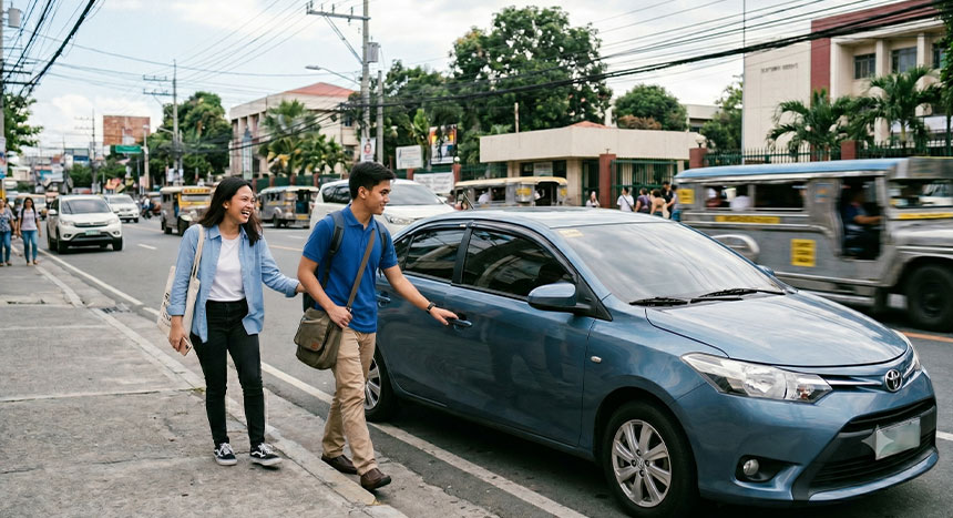 Two Filipino commuters getting into a car before a shared ride.