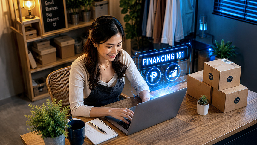 An SME owner using a laptop next to packages, with a glowing Financing 101 sign and Philippine Peso symbol.