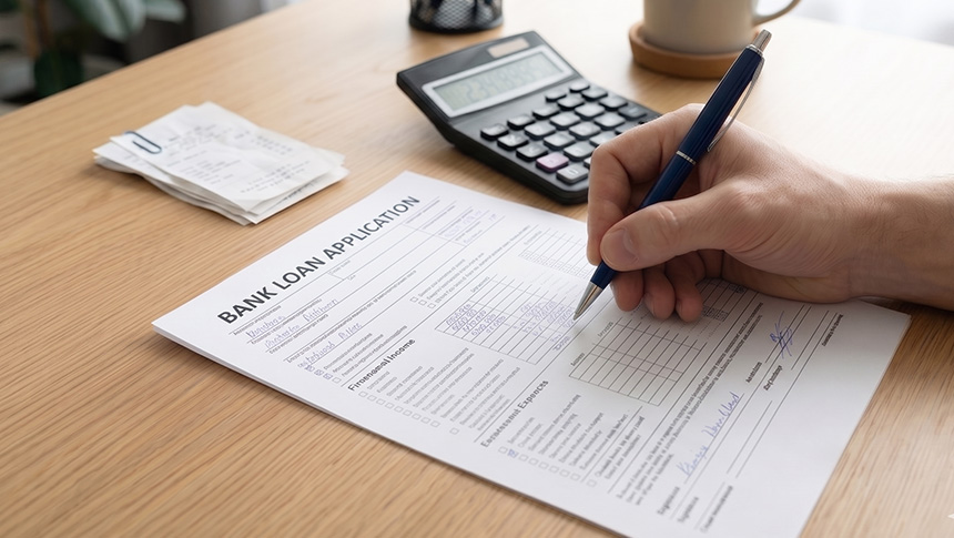 A person filling out a bank loan application form with a calculator and receipts on the desk.