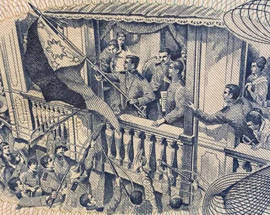 Illustration of Emilio Aguinaldo proclaiming Philippine independence while raising the Philippine flag.