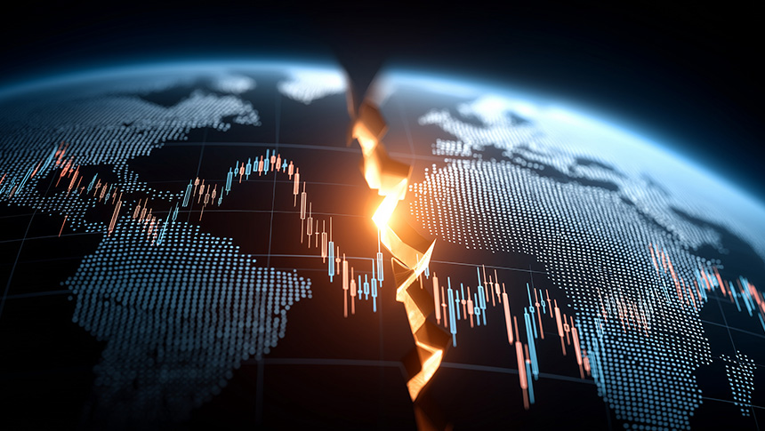 A 3D globe split by a glowing crack and overlaid with stock market charts, representing global inflation impact.