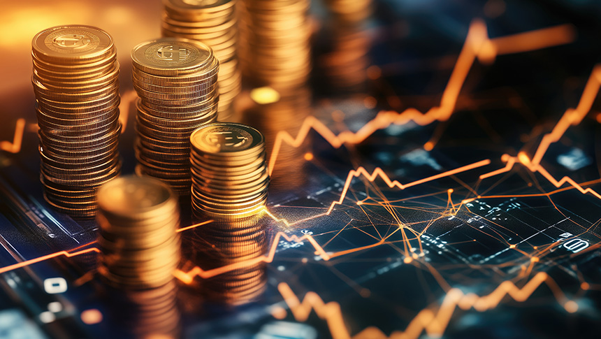 Stacks of gold coins on a digital screen with glowing line charts, representing business expense tracking.