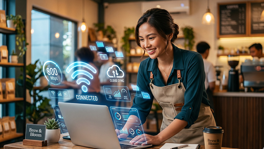 A cafe manager using a laptop with floating cloud and Wi-Fi icons, illustrating digital tools for efficient operations.