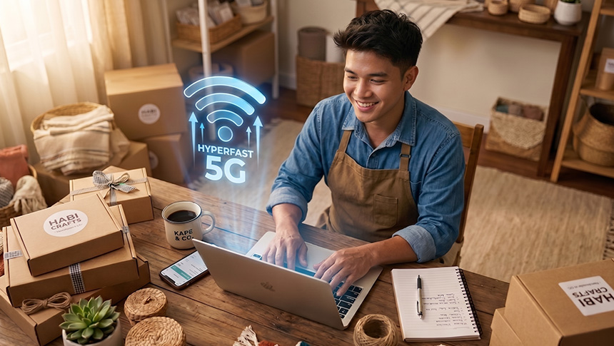An SME owner using a laptop surrounded by packages, with a glowing Hyperfast 5G Wi-Fi icon overhead.