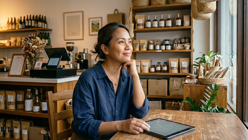 A smiling woman using a tablet at a wooden table in a small shop.