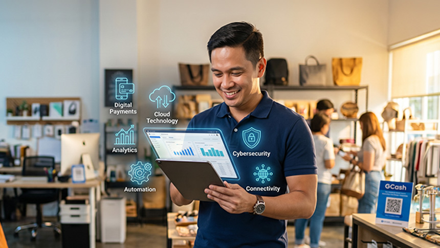 A man using a tablet with digital transformation icon overlays in a shop.