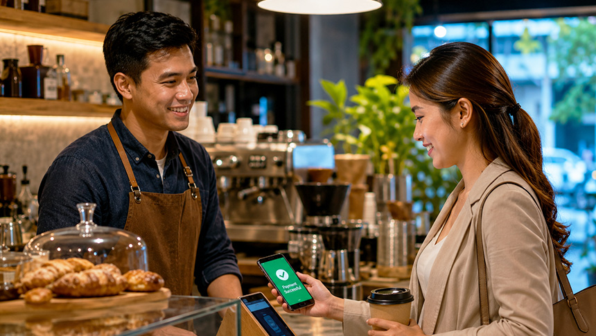 A female customer using a smartphone for a mobile payment transaction at a cafe counter.