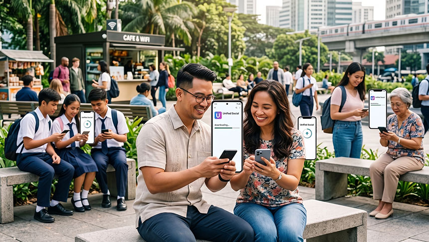 People of different ages using the same mobile app on their smartphones in an outdoor public space.