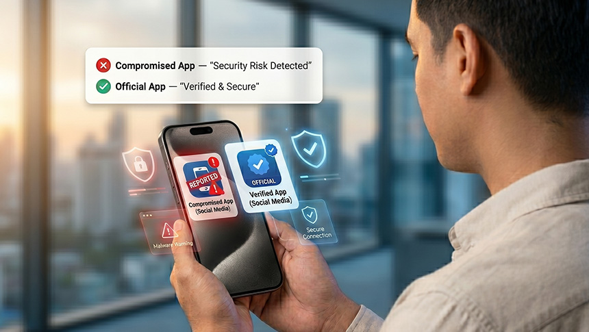 A man looking at a smartphone comparing a compromised app with a verified, secure official app.