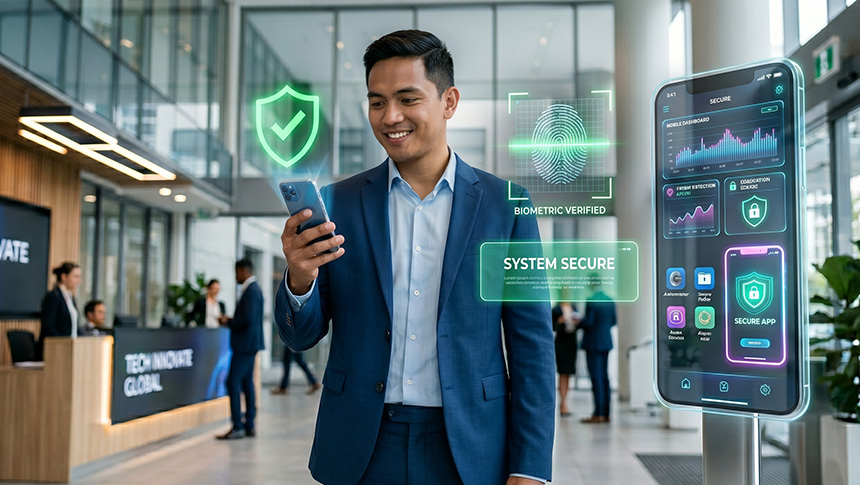 A man using a smartphone showing security icons, biometric verification, and a secure app interface.