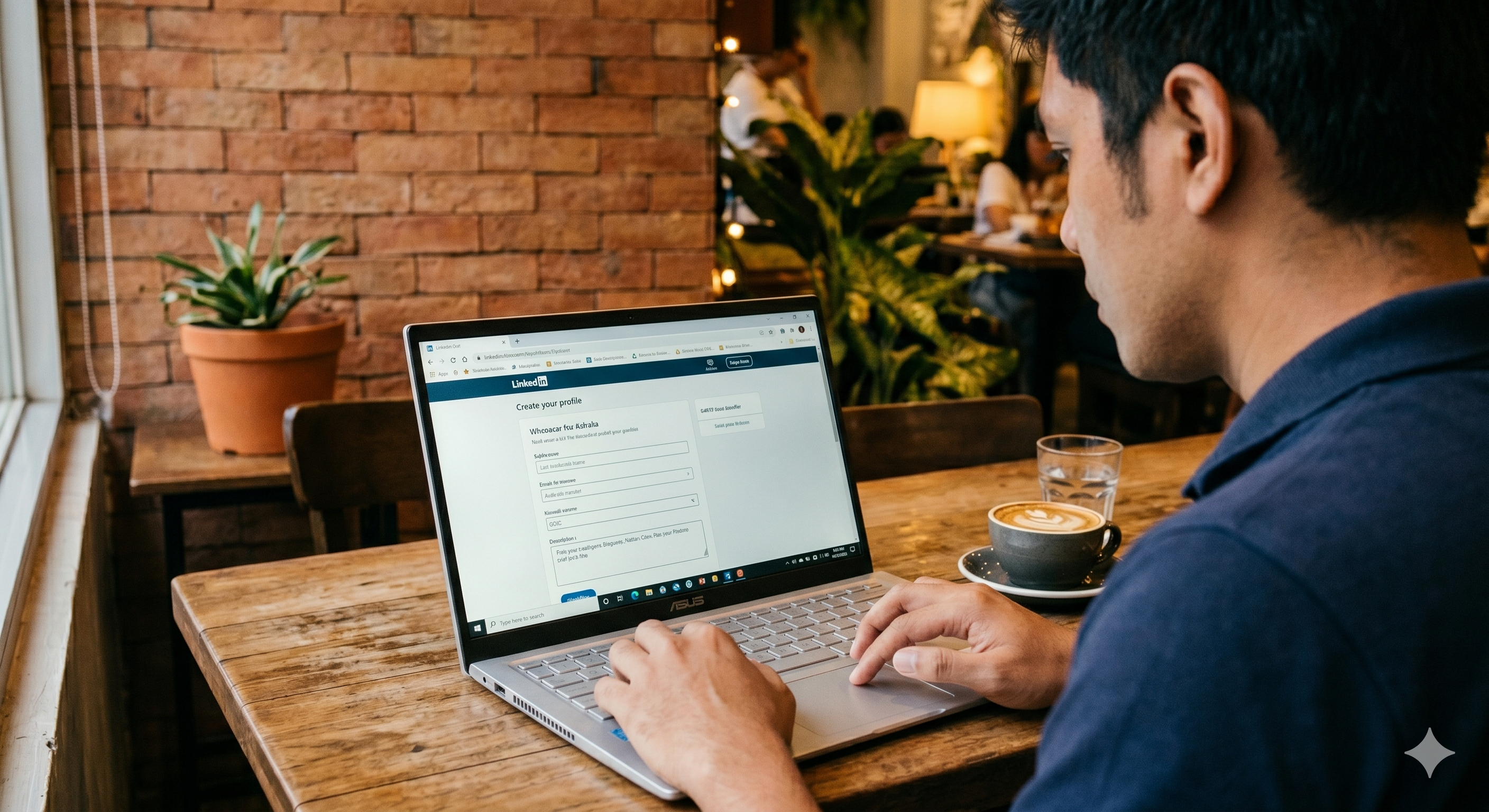 Freelancer working on a laptop in a café during an online meeting.