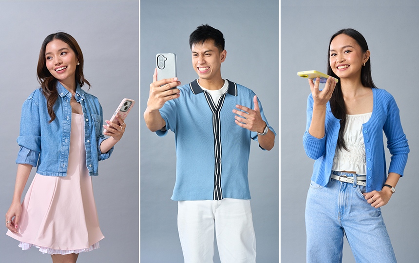 Promotional photoshoot of three young models posing with their smartphones.