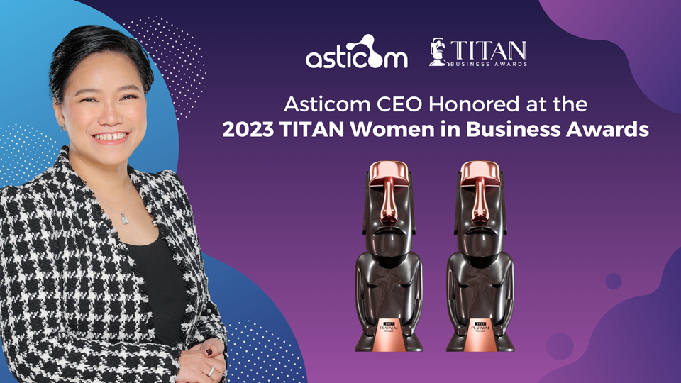 Asticom CEO with trophies from 2023 TITAN Women Business Awards.