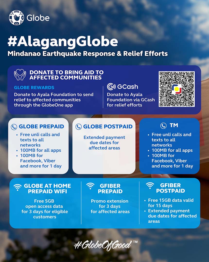 Infographic showing Globeâs emergency response offers and donation channels for Mindanao earthquake-affected communities.
