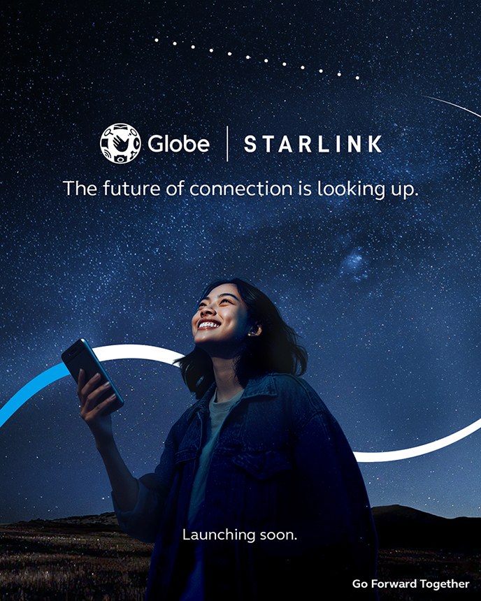 A promotional poster for the Globe and Starlink satellite-to-mobile service featuring a woman looking up at a starry sky.