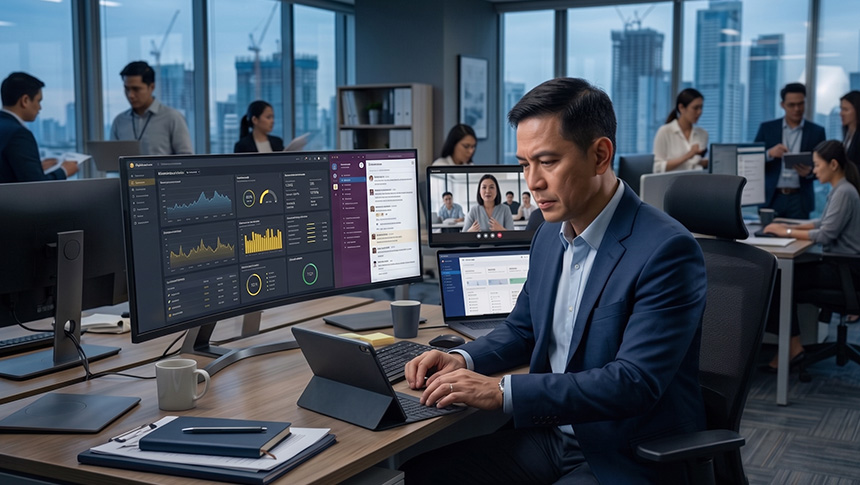Business professional in a suit working at a desk with multiple monitors displaying analytics dashboards in an office.