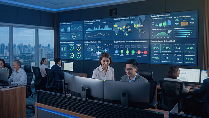Team working in a network operations center with data analytics dashboards on a multi-panel video wall.