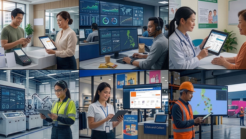 Collage of professionals in healthcare, retail, manufacturing, and logistics using digital tools at work.