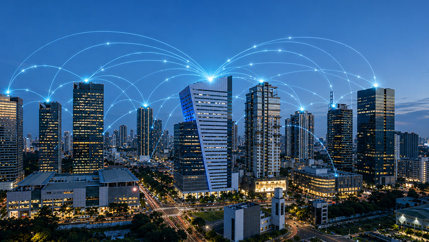 Aerial view of The Globe Tower in BGC connected by glowing blue dedicated internet network lines.
