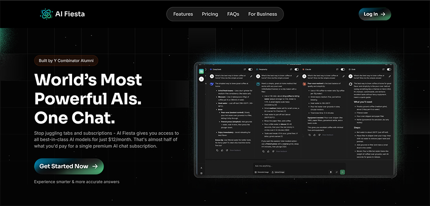 A desktop view of the AI Fiesta home page showcasing a unified chat interface with multiple artificial intelligence icons.
