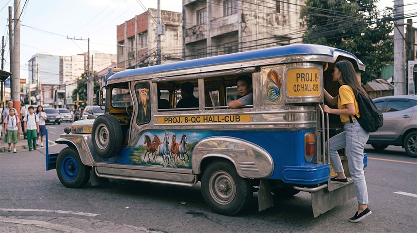Passenger boarding a jeepney on a busy street in Metro Manila.