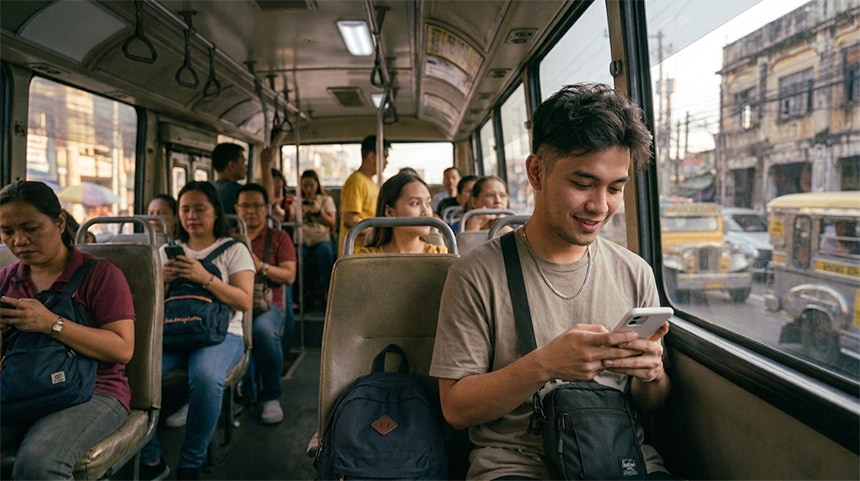 Passenger using a navigation app on a smartphone while riding a public bus.