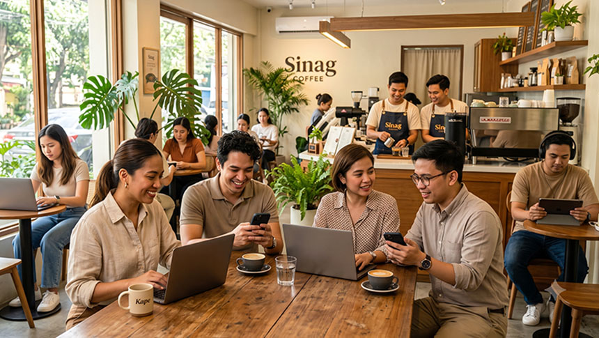 People using laptops and smartphones while working and meeting inside a busy coffee shop.