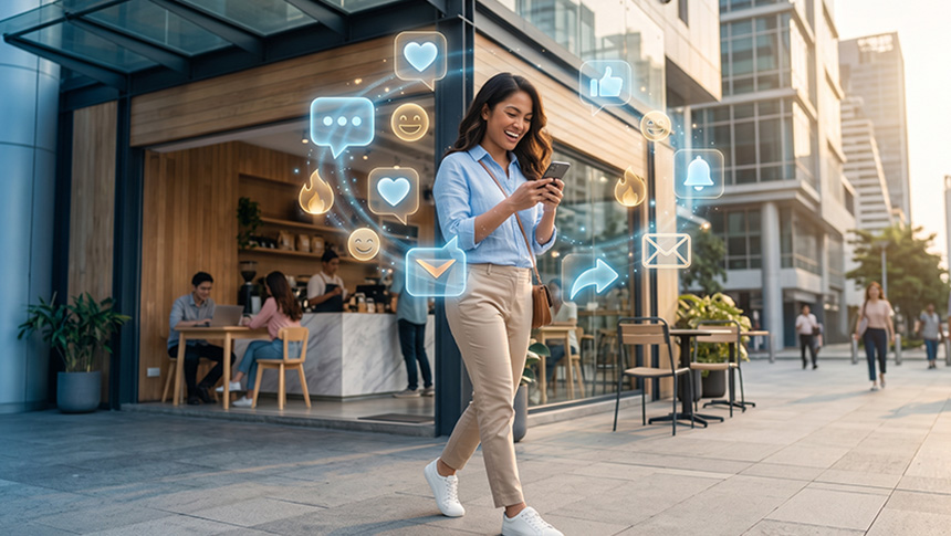 Woman looking at a smartphone outdoors, surrounded by floating digital social media and notification icons.