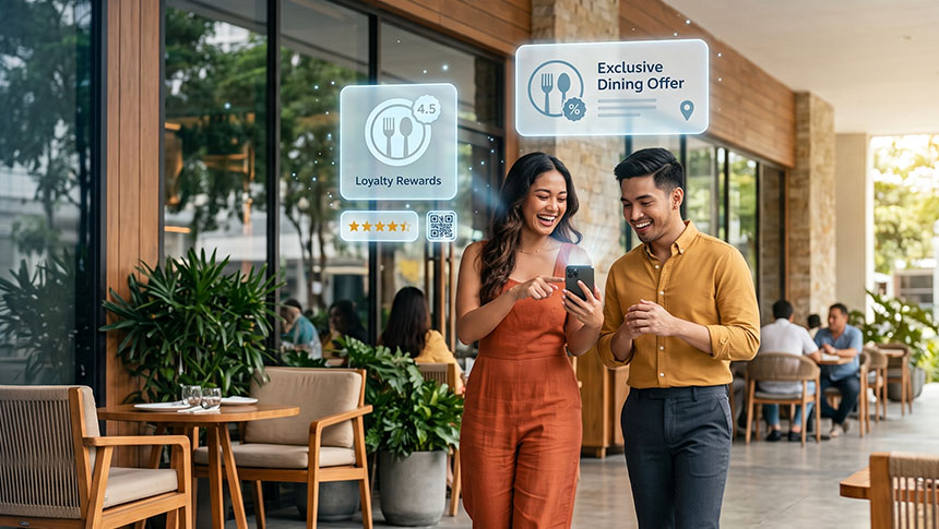 Two people looking at a smartphone outside a restaurant with loyalty rewards and exclusive dining offer overlays.
