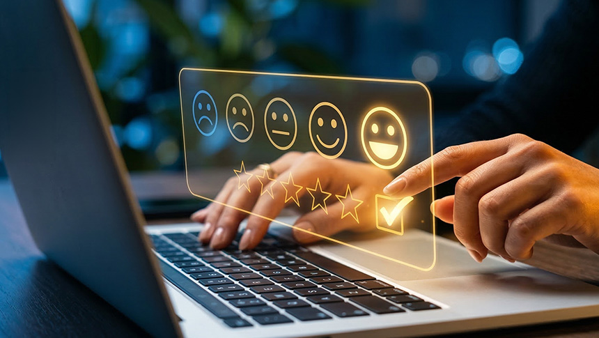 Person typing on a laptop while selecting a smiling face and star rating on a digital feedback interface.