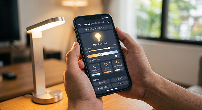 A hand controlling smart home lighting through a phone app, with a lamp in the background.