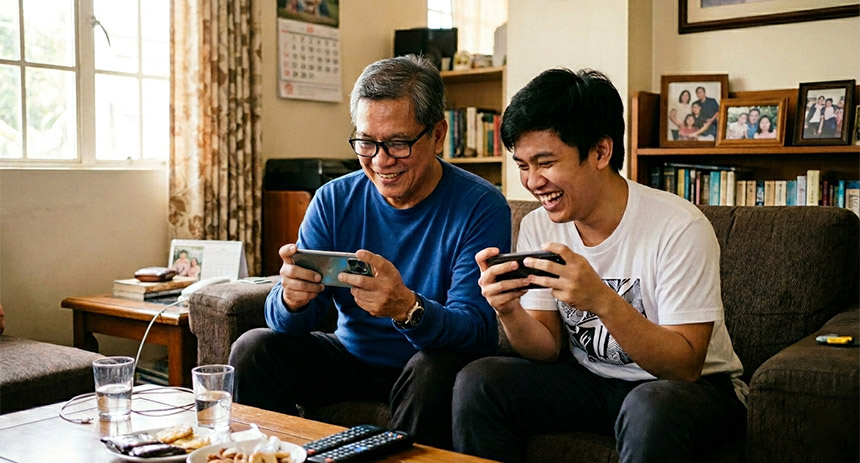 Father and son playing a mobile game together at home.