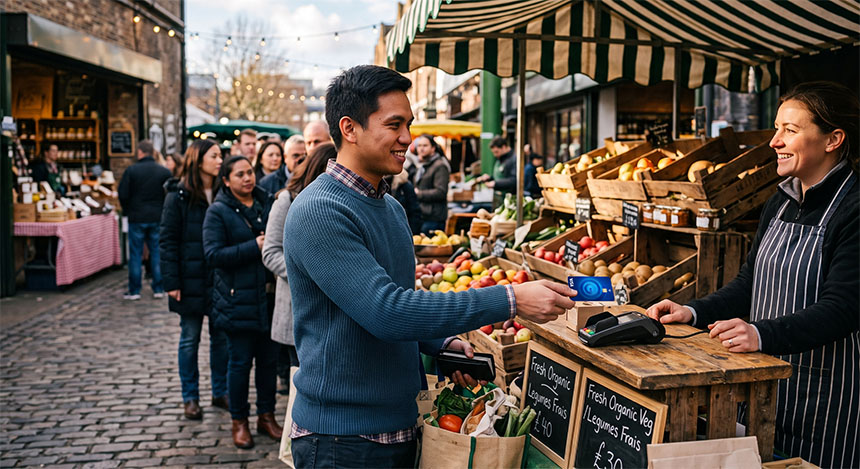 Traveler paying with a GCash card at an outdoor market stall.