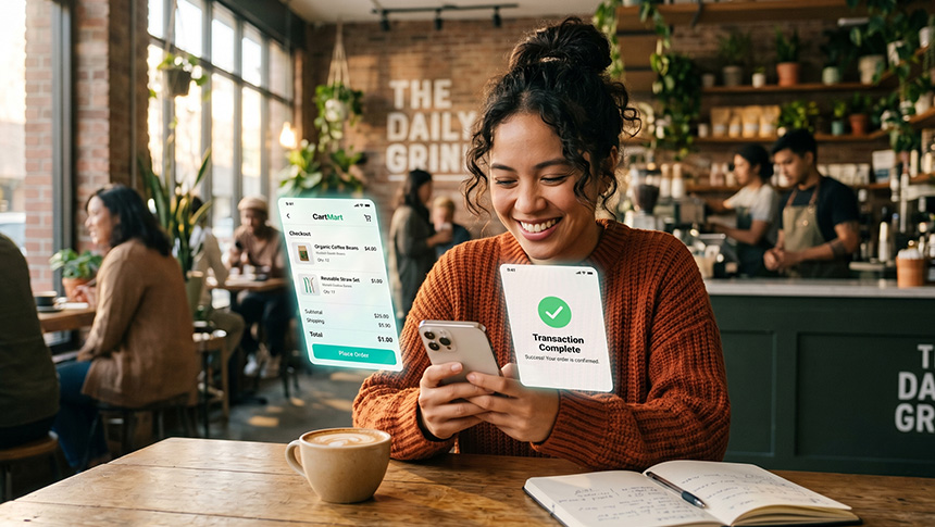 A smiling woman at a cafe using a smartphone with shopping cart and completed transaction screens overlayed.