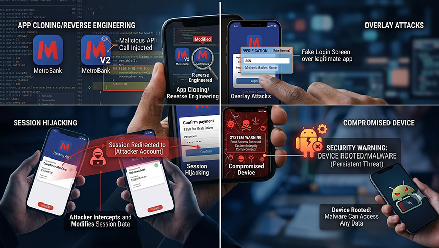 An infographic split into four quadrants detailing types of mobile security attacks using graphics and text.
